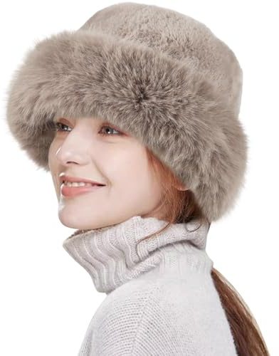 HH HOFNEN Winter Bucket Hat Fluffy Faux Fur Fisherman Plush Warm Hats Cute Fuzzy Bucket Hat for Women