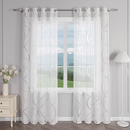 Delien Gardinenschals Ausbrenner Transparente Gardinen mit Ösen Modern »Wellen« Fenster Gardinen Wohnzimmer Flächenvorhänge Ösenschals Vorhang mit Wellenmuster 1 St. Weiß,BxH 140x145cm