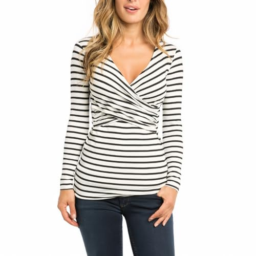 SamHeng Women Long Sleeve Maternity Tops Nursing T-Shirt Lift-up Breastfeeding Shirts V Neck Nursing Top Striped Pregnancy Clothes(White, M)