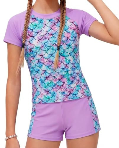 JiAmy Girls Swimming Costume Kids Two Piece Short Sleeve Swimsuit UV Sun Protection Swimwear Summer Beach Bathing Suit Purple Mermaid 8-9 Years