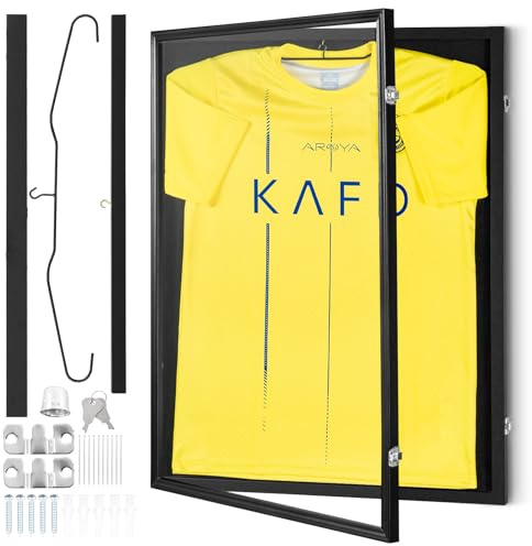 VEVOR Marco de Exhibición Jersey 610 x 812 x 40 mm, Vitrina Negra de Camiseta Deportiva con Cerradura 98% de Protección UV Vidrio de PC y Perchas, para Camisetas de Béisbol, Baloncesto, Fútbol y Más