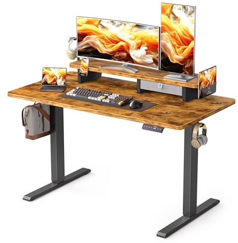 Höjdjusterbart elektriskt skrivbord med lådor, 120 x 60 cm ståbord med skärmstativ och mobilhållare, höj- och sänkbart bord för hemmakontor, 3 krokar, Rustikt brun