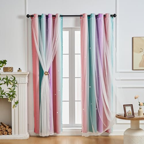 NETMEO Cortinas de fantasía con Estrellas, habitación Infantil, Cortinas Opacas para Dormitorio, Cortinas con Degradado para habitación de niña (Rosa Púrpura Verde, L132 × A213cm ×1P)