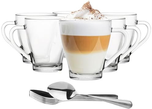 Glasmark KROSNO 1992 Juego De 6 Tazas De Café Con Asa 200 ml Vidrio Transparente Vasos de Capuchino Latte Macchiato Té Resistente Al Calor Con Cucharillas
