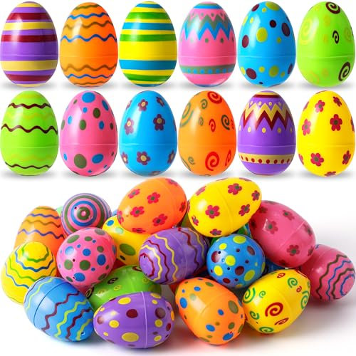 JOYIN 18 huevos de Pascua impresos, 8 cm, huevos de plástico de colores, rellenables en grandes cantidades para la búsqueda de huevos de Pascua, material de relleno para cestas, regalo de huevos para