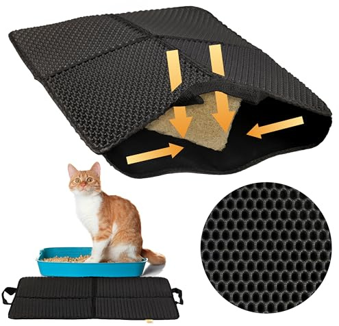 Tappetino Lettiera Gatto antiscivolo e impermeabile - Facile da pulire, raccoglie Sabbia - Tappeto igienico per Gatti - Accessori per Lettiera chiusa - 60 x 40 cm (Nero)