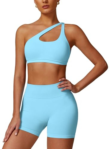 ABOCIW Workout Sets for Women 2 Piece Seamless High Waist Scrunch Butt Lifting Gym Shorts Cutout One Shoulder Sports Bra Yoga Outfits Seamless Ice Blue S