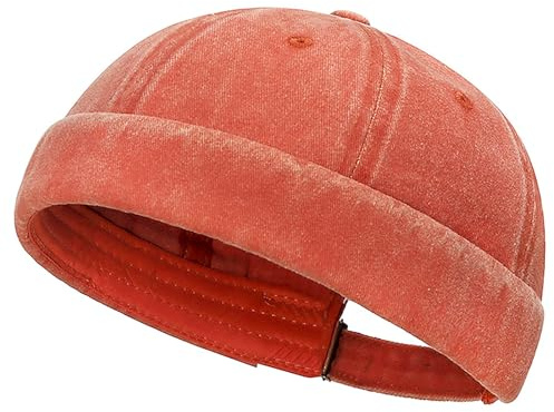 DIYDECAL Vintage Washed Cotton Sailor Docker Cap for Men, Brimless Skull Cap with Classic Retro Style Orange