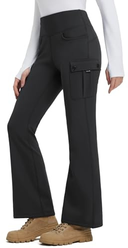 baleaf Womens Thick Fleece Lined Water Resistant Trousers Winter Thermal Flare Leggings with Cargo Pockets Hiking Walking Ski Pants Black L