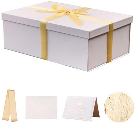 KdmNzoo Geschenkbox mit Deckel 31 x 21 x 11 cm groß, Geschenkbox mit Schleifen, Grußkarten, Raffia Hamper Shreds für Weiß