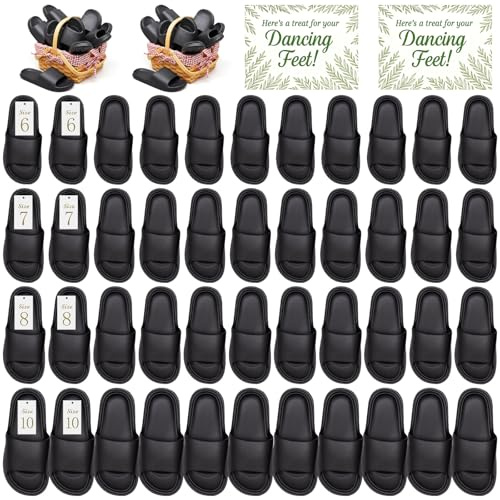 Chicingyou 48 Pairs Slide Sandals Bulk Wedding Flip Flops 4 Sizes Slippers with Sign Cards for Reception Guests Men Women House Shoes Washable(Black)