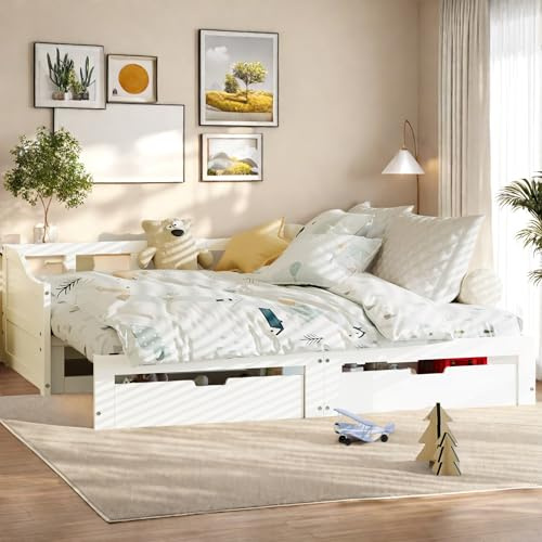 Letto per ragazzi in legno 90 x 200 cm, letto estraibile con rete a doghe e spazio di archiviazione, testiera con protezione anti-caduta, struttura del letto con 2 cassetti, letto singolo, senza