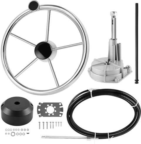 Acclcors Sistema de dirección de barcos, kit de dirección giratoria mecánica fuera de borda, con volante y cable de dirección marino de 10 pies o 12 a 16 pies, para barcos de pesca, yates y otras