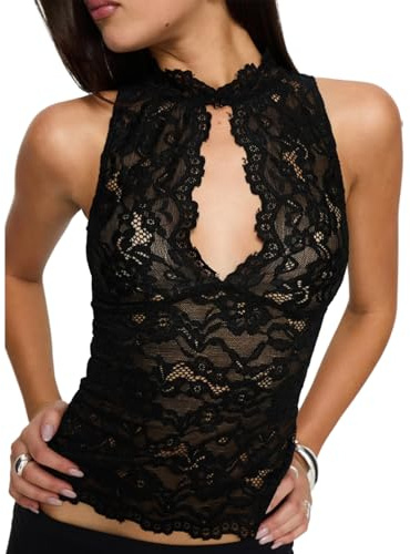 Women Y2K Lace Tank Top Floral Embroidery Sheer Mesh See Through Slim Fit Sleeveless Camisole Crop Tops (Black, M)