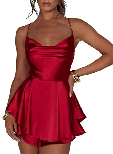 Svuitmsl Women Sexy Backless Short Romper Cowl Neck Cross Tie Ruffle Layer Spaghetti Strap Jumpsuit A-line Beach Satin Dress (A-Red, S)