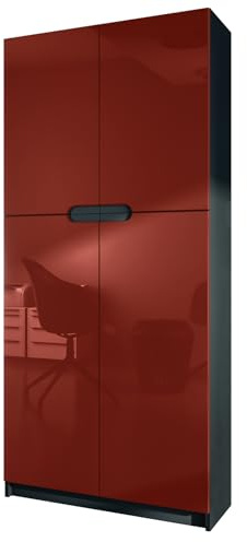 Vladon Meuble Rangement Bureau Logan V1, Armoire de Bureau Haute avec 5 Compartiments et 4 Portes, Noir Mat/Bordeaux Haute Brillance (82 x 185 x 37 cm)