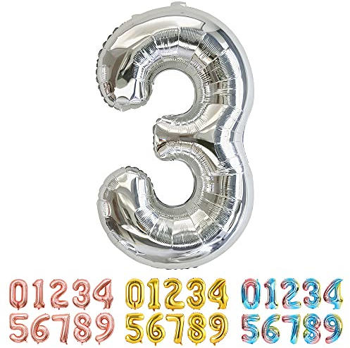 Ponmoo Foil Balloon Number 3 Silver, Giant Numbers 0 1 2 3 4 5 6 7 8 9 10-19 20-29 30-39 40-49 50-60-70-80-90-100, Large Balloons for Wedding Anniversary Birthday Party Decoration