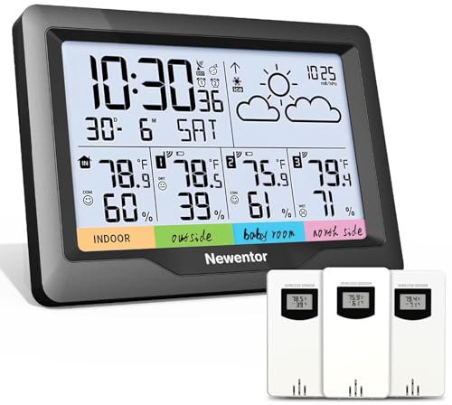 Newentor Weather Station Wireless Indoor Outdoor Multiple Sensors, Digital Atomic Clock Weather Thermometer, Temperature and Humidity Monitor, Forecast Weather Station with Backlight, Black