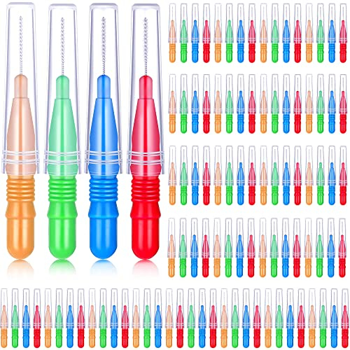 100 Stück Interdentalbürste Zahnstocher Dental Zahnseide Kopf Mundhygiene Interdentalbürste Zahnseide Zahnstocher Reiniger Zahnreinigung Werkzeug (Rot, Blau, Hellgrün und Orange)