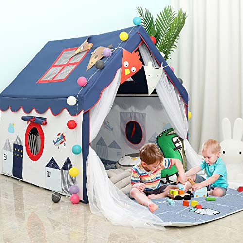 YOIKO Kids Tents Indoor Playhouses Boys 9.9Ft Star String Lights Blue Tent for Upgraded Large and Longer Curtain with Colorful Accessories Decoration 50.4 x 47.3