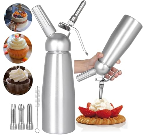 upstartech Sifone Panna Montata 500ml Professionale, 3 Ugelli in Acciaio Inox e 1 Spazzola da Pulizza, Sifone da Cucina per Decorazione Pasticceria Panna Gelato e Dessert