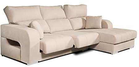 ECCOX - Sofá Chaise Longue Diamante 3 Plazas - Asientos Deslizantes y Cabeceros Reclinables - Desenfundable - Cojines Incluidos - Chaiselonge Izquierda Tapizado en Tela Antimanchas - Color Beige