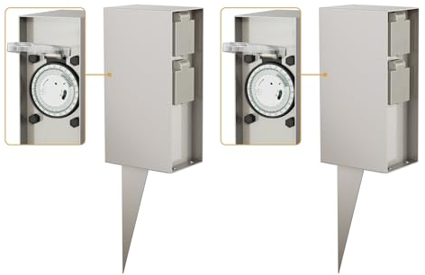 ledscom.de 2 x POMI Columna de Enchufe de jardín con piqueta de Tierra para Exteriores, IP44, Temporizador, 2 Salidas, Acero Inoxidable, Angular, 23cm