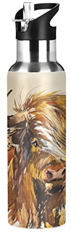Xigua Highland Cow Insulated Water Bottle, Stainless Steel, Vacuum Hot & Cold, Leakproof, 20 oz