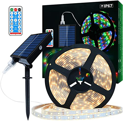 Lumtang Tira de Luces LED Solares Exteriores, 10m 560 LED Tira de LED IP67 a Prueba de Agua, Luces LED Blancas Cálidas con Control Remoto, 8 Modos de Iluminación 2835 SMD Luces de Cuerda para Jardín