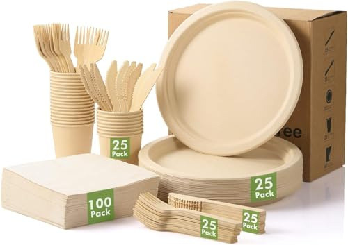 LEKOCH 25 Guests Heavy Duty Bamboo Disposable Plates Cutlery Dinnerware Set with Party Paper Plates Cups and Napkins Brwon