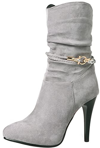 Lroey Reoly Bottines à Talon Aiguille Femme, Bottes Slouch Talons Hauts Pointu Bottines Zip 215 Gris Taille 39 EU
