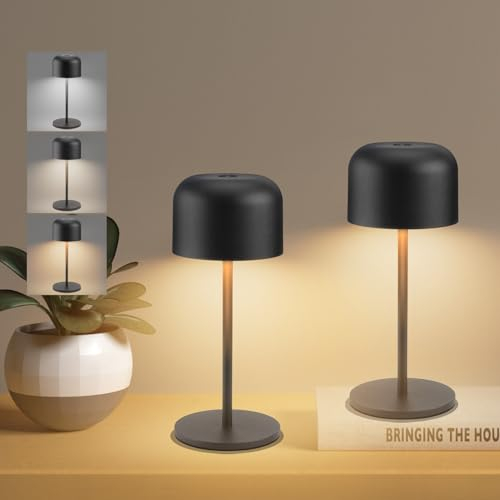 Klighten 2 Stück Dimmbare Led Akku Kleine Tischlampe Kabellos 3000K-6000K Indoor/Outdoor, IP54 Höhe 21cm Wiederaufladbar Tischleuchte Mit Usb-C, Schwarz, Warmweiß/Natürliches Licht/Kühles Licht