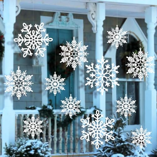 12 Pieces Large Christmas Hanging Snowflakes Outside, Large White Hanging Snowflake in Different Sizes for Winter Indoor Outdoor Decorations, Christmas Tree for Holiday Decoration