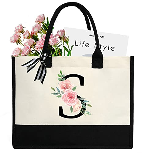 Sundee Sac de plage personnalisé en toile avec initiale, sac fourre-tout en toile avec poche intérieure zippée, sac cadeau monogrammé pour mariage, anniversaire, vacances, One Size