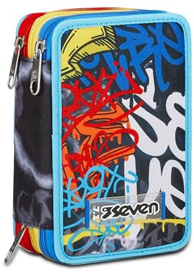 Seven Federmäppchen, Mäppchen, Mehrfarbig, Federtasche für Schreibwaren, Etui komplett mit Bleistiften, Filzstiften, Schulmaterial, mit 3 Fächern, Mädchen, Schule - Grundschule, XXL Mehrfarbig