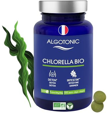 Algotonic - Chlorella Bio - 2500 mg par jour - 500 comprimés - Cure de 100 jours - Poudre de Chlorella vulgaris 100% PURE - Maintien d’une bonne santé intestinale - Detox - Intestin
