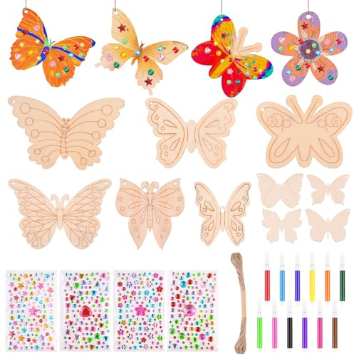 Realure 43 Stück Holz Schmetterling Basteln-10 Stile Schmetterling Bastelset mit Aquarellstift & Edelsteinaufkleber Deko, Blume & Schmetterlinge Bastelsets für Kinder Kindergeburtstag Basteln Mädchen