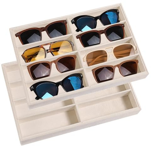 SPAKOWN Lot de 2 plateaux de rangement empilables pour lunettes de soleil - Plateau de rangement pour lunettes de soleil en velours - 8 grilles pour homme et femme (beige)