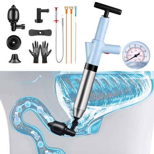 WOHPW Fast High Pressure Toilet Plunger with Real-Time Barometer | Heavy Duty Air Drain Blaster & Unclogger Tool for Bathroom, Toilets, Sinks, Tubs, Pipes | Clog Remover Kit & Toilet Snake Alternative