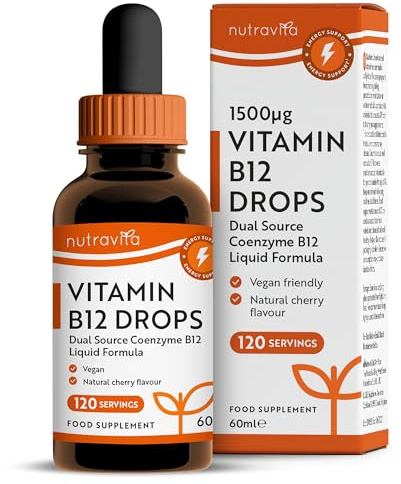Nutravita Vitamin B12 Drops - 60ml - Vegan Vitamin B 12 Coenzyme Liquid - Natural Cherry Flavour - VIT B12 Liquid Drops - B Complex Methylcobalamin & Adenosylcobalamin - Brain, Heart & Energy