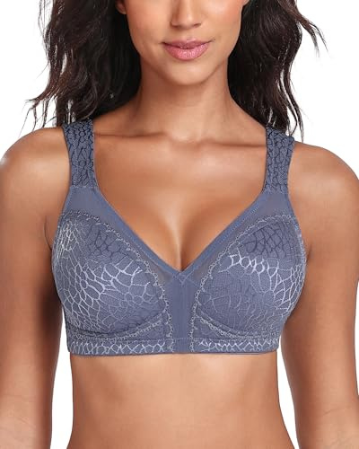 Lemorosy Full Coverage Non Padded Wireless Minimizer Bra Women's Plus Size Underwear Comfort and Double Support for Large Bust(Grey Blue,36E)