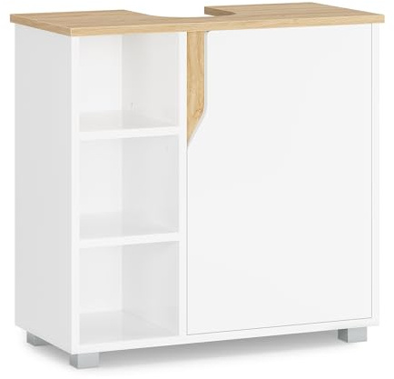 FORABAMB Waschbeckenunterschrank, Badezimmerschrank mit 3 offene Fächer & Höhenverstellbare Ablagen, Badezimmer-Unterschrank mit Füßen, Freistehend Badschrank Unterschrank, weiß, 60 x 30 x 60 cm