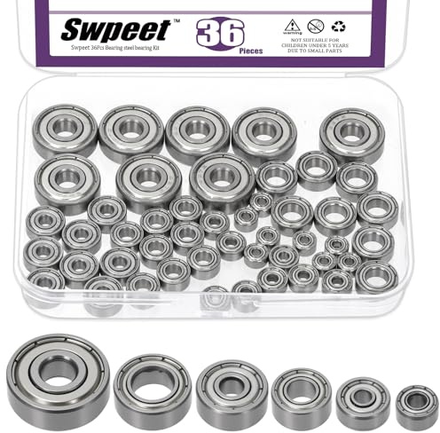 Swpeet 36Pcs 6 tamaños 693ZZ, 623ZZ, 624ZZ, 685ZZ, 687ZZ, 627ZZ Kit de sorteo de rodamientos de bolas, rodamientos de ranura profunda de acero, doble blindado