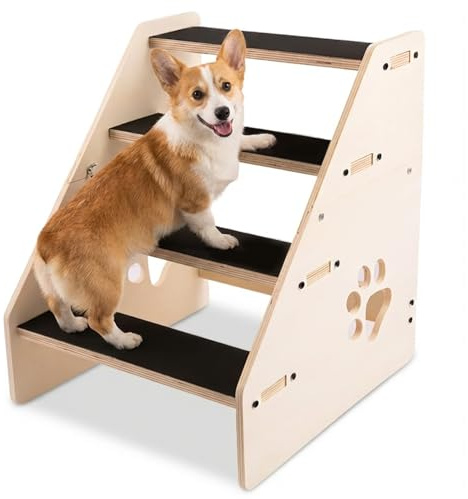 Dog Stairs Ramp, Wooden 4-Step Dog Ramp for Small/Medium/Older Dogs and Cats, Non-Slip Pet Ladder for High Beds, Sofas, Bay Windows
