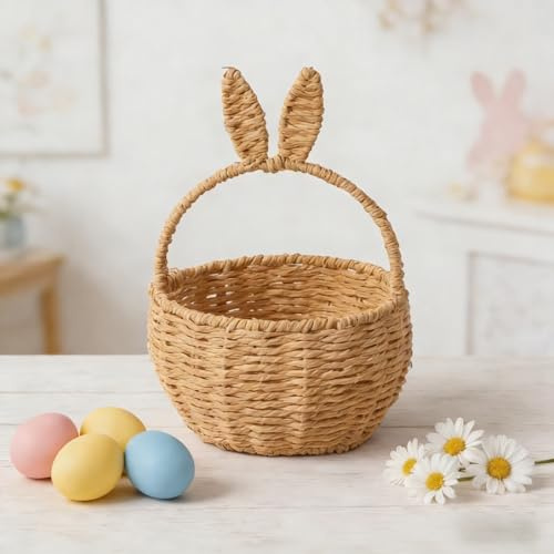 Cestino pasquale intrecciato a mano con orecchie staccabili e targhetta per il nome, cesto in corda di cotone personalizzato per caccia alle uova dei bambini, bomboniere, asilo nido e regali di Pasqua