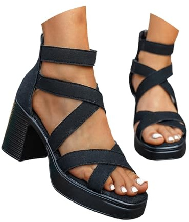 Zapatos de tacón alto Sandalias de verano con tacón grueso Sandalias de tiras con puntera abierta Sandalias de plataforma de tacón alto para ocasiones festivas, Negro , 41 EU