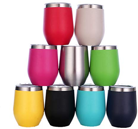 Gteller Edelstahl Stemless Weingläser, doppelwandiger vakuumisolierter Becher, mit Deckel, ideal für Wein, Kaffee, Getränke, Champagner, Cocktails Grün