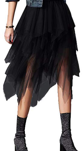 Carolilly Gonna in Tulle Irregolare da Donna Gonna Lunga a Vita Alta Elastica Gonna a Pieghe Donna Balletto Principessa Elegante Minigonna in Pizzo Abito Ragazza(Nero)