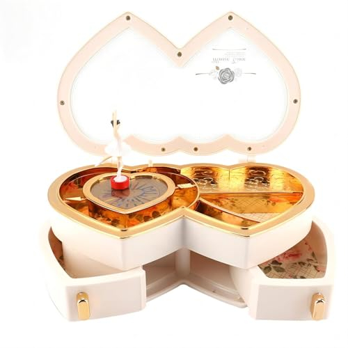 VIFERR Boîte à Bijoux Musicale à Double Cœur, Mignon Boîte à Musique Étui de Rangement de Bijoux de Musique de Ballerine pour Petites Filles Enfants Cadeaux Décoration de la Maison, Blanc