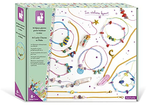 Janod - Coffret 16 Bijoux Pierres Porte-Bonheur à Créer - 3 Colliers et 13 Bracelets - Les Ateliers Bijoux - Kit Loisir Créatif Enfant - Dextérité et Concentration - Dès 8 Ans, J07938